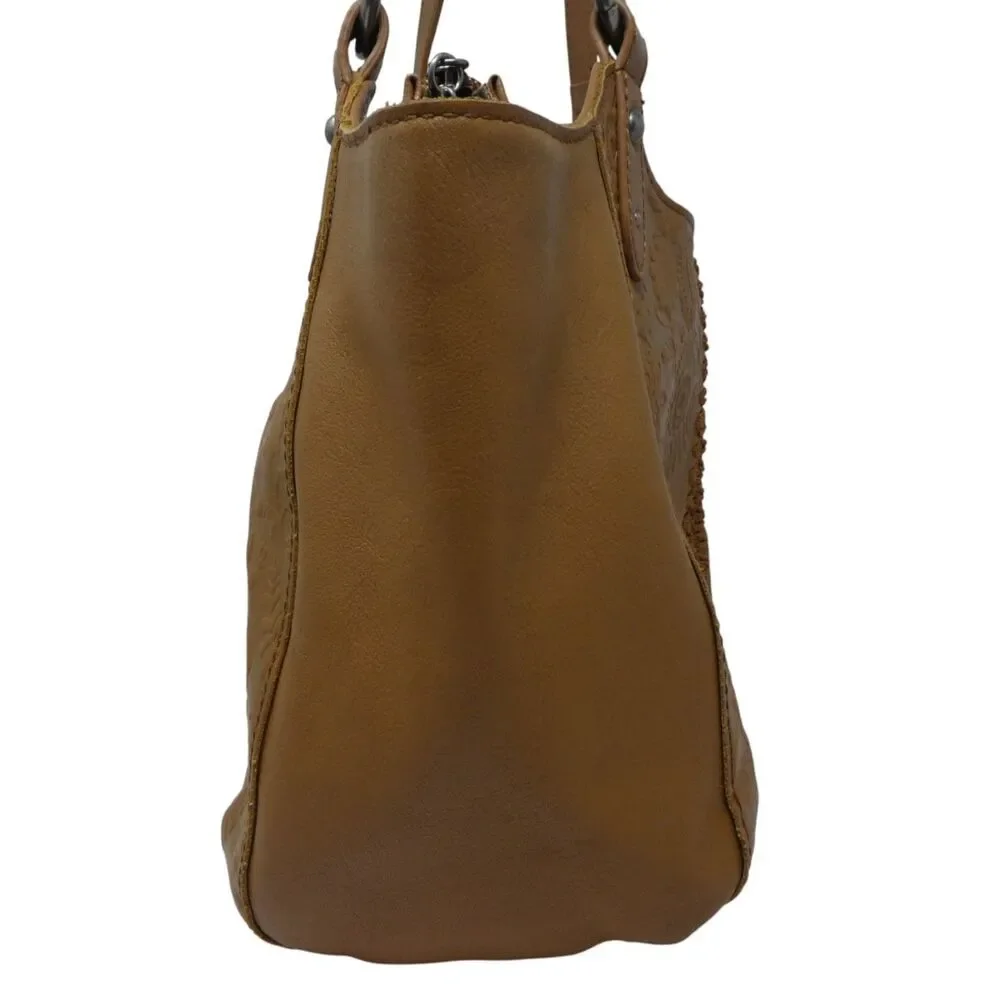 The Sak Bolinas Caramel Brown Floral Embossed Leather‎ Satchel Bucket Bag Purse